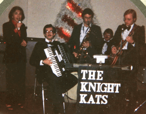 A picture of the Knight Kats band from 1970 featuring Cheryl Brown, Tom Brown, Gary Baumia, Tom DeMartin, and Jim Stefan