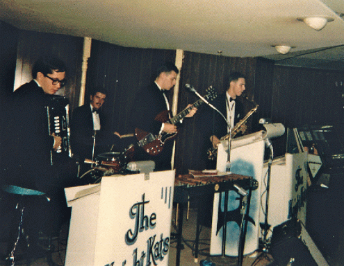 A picture of the Knight Kats band from 1969, featuring Tom Brown, Tom DeMartin, Tim Cartwright, and Gary Baumia