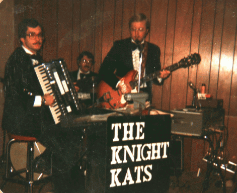 A picture of the Knight Kats Band from 1969 featuring Tom Brown: accordion, Tom DeMartin: drums & vocals, Jim Stefan: guitar & vocals