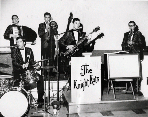 A picture of the Knight Kats Band from 1965 featuring Tom Brown, Dale Bosetti, Rex Chadwell, Tim Cartwright, and Glen Cairns